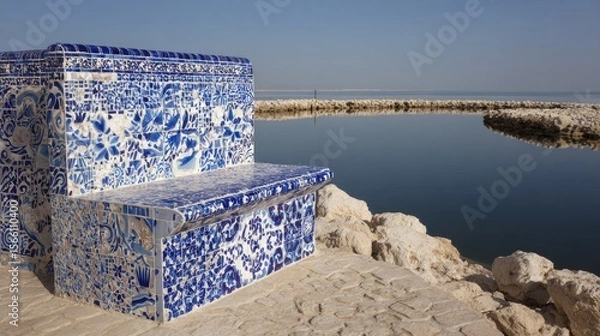 Fototapeta Blue And White Mosaic Bench By The Seaside