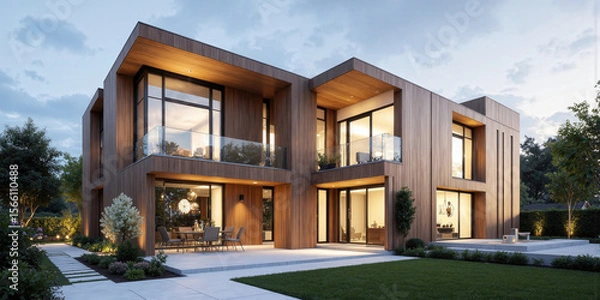 Fototapeta Energy-efficient Mocha Musse wall panels with integrated solar technology that absorb natural sunlight and store energy to power the house.