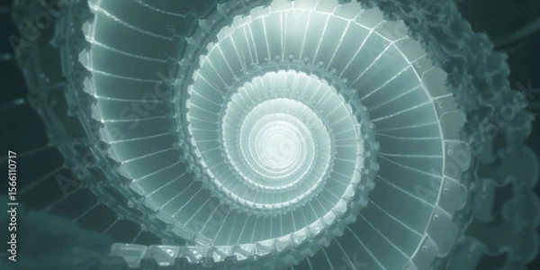 Fototapeta A spiral staircase made of translucent glass ascends into infinity against a minimalist gray backdrop; top-down angle captures the architectural