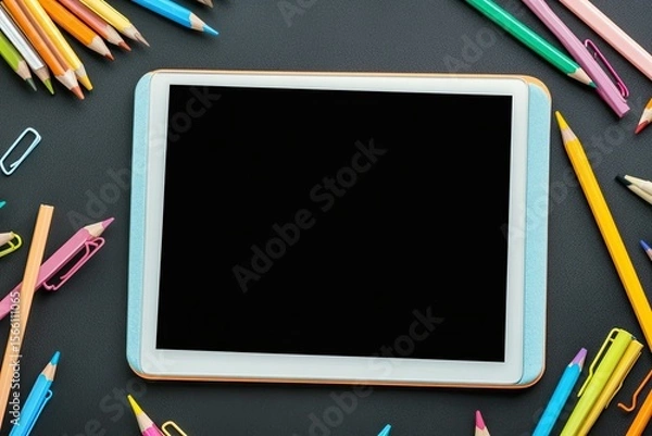 Fototapeta Clear Pixel Visual of Tabletnear Papers, Pencils and Clips