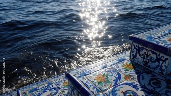 Fototapeta Blue and White Tiled Steps by Sparkling Water