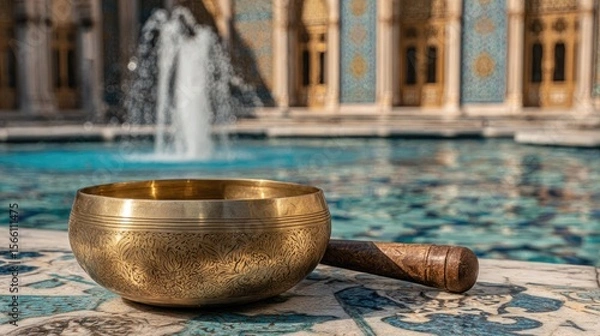 Fototapeta Brass Singing Bowl and Mallet by Pool with Fountain