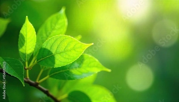 Fototapeta Close-up of vibrant green leaves gently swaying in a refreshing summer breeze, sunlight dappling through the foliage creating a sense of calm and tranquility , clean air, movement