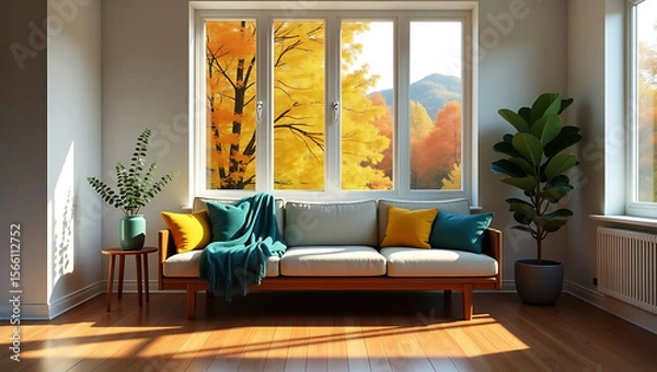 Fototapeta Cozy living room with a comfortable sofa vibrant autumn foliage visible through a large window and warm sunlight streaming in