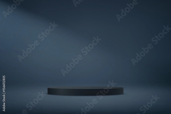 Fototapeta Dark blue studio room background. Blue background vector 3d with black podium. Empty room with light effect. Space for selling products on the website. Business backdrop. Vector illustration.