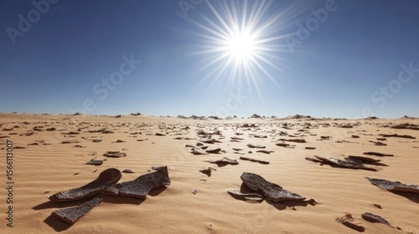 Fototapeta Bright Sun Over a Expansive Desert Landscape with Scattered Rocks