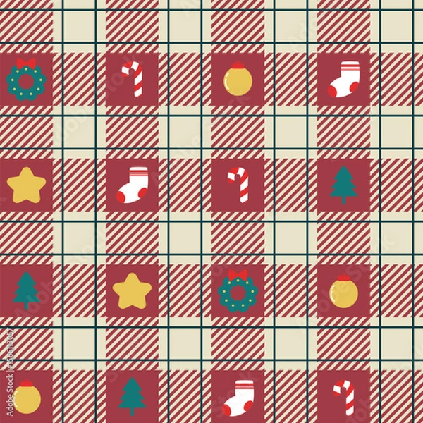 Fototapeta Tartan checked plaids Christmas colors with Christmas elements. Christma icon with candy cane, sock, star, mistletoe on checked for gift wrap, stationary, card and fabric.