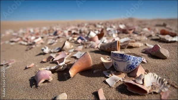 Fototapeta Broken Pottery and Shells Scattered on Sandy Beach