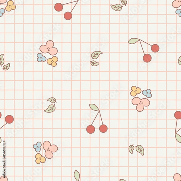 Fototapeta Cute red cherry, flower and leaves on the tartan seamless pattern. Doodle fruit and floral on checked vector for wallpaper, textile, fashion, background, stationery, wrapping, card, and phone cases.