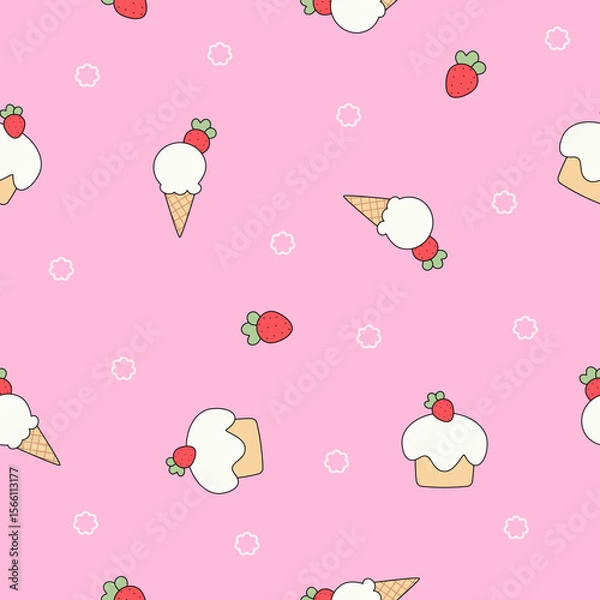 Fototapeta Cute red strawberry, cupcake and ice cream cone seamless vector pattern. Doodle dessert, fruit and ice cream vector for wallpaper, textile, fashion, background, stationery, wrapping, card, and phone c