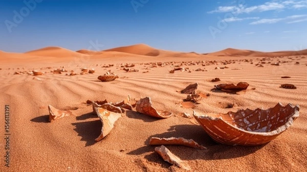 Fototapeta Broken Pottery Fragments in a Red Sand Desert under a Blue Sky