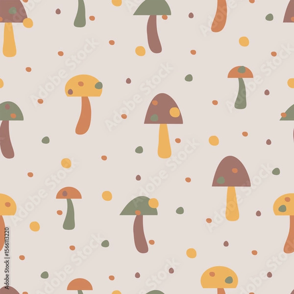 Fototapeta Seamless pattern with hand-drawn cartoon edible mushroom in fall or autumn seasonal food element. Mushroom vector for background, wallpaper, clothing, wrapping, fabric, stationary, and phone cases.