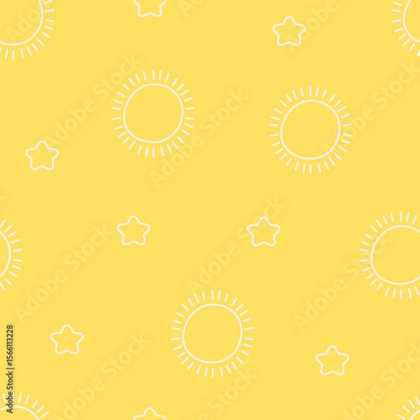 Fototapeta Seamless vector background with cartoon sun and star. Summer or sky theme vector for wallpaper, textile, fashion, background, stationary, wrapping, card, and phone cases.