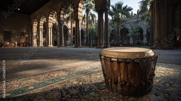 Fototapeta Brown Drum on Ornate Carpet in a Sunlit Courtyard