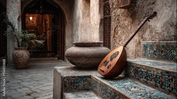 Fototapeta Brown Oud Resting on Stone Steps in a Courtyard