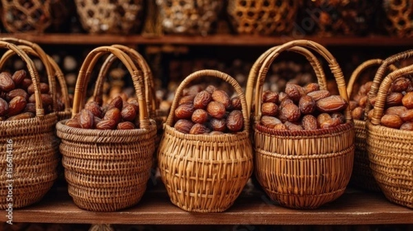 Fototapeta Brown Wicker Baskets of Dates at Market Stall