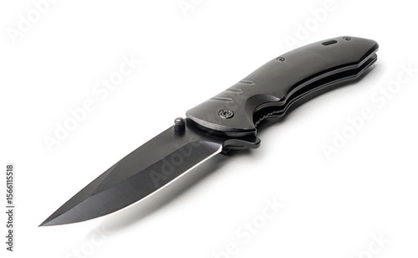 Fototapeta Sleek Black Tactical Folding Knife Isolated on White Background - Modern Self-Defense and Outdoor Tool