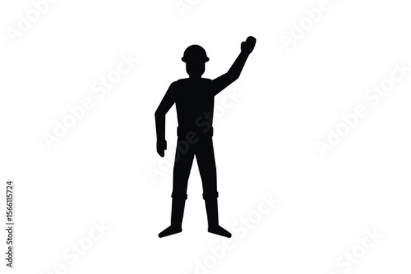 Fototapeta Construction Worker Silhouette with Arm Raised in Greeting or Warning
