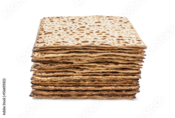Fototapeta Stack of Traditional Jewish Matzah Bread - Unleavened Passover Cracker on White Background