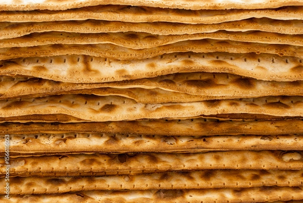 Fototapeta Close-Up View of Stacked Traditional Jewish Matzah Bread - Layered Texture of Unleavened Passover Crackers