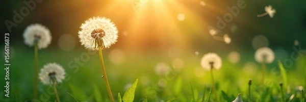 Fototapeta Sunbeams Illuminate Floating Dandelion Seeds A Serene Image Evoking Gentle Hope, Spiritual Awakening, and Inner Peace, Perfect for Meditation, Mindfulness, and Zen Themes.