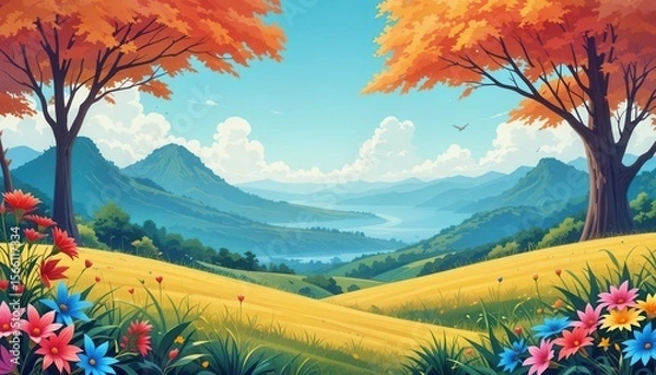 Obraz Colorful landscape background for computer monitors with vibrant trees and flowers