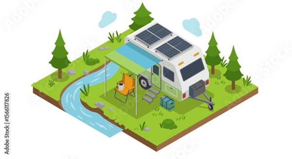 Fototapeta Isometric camping adventure vector illustration: nature travel design for posters and cards