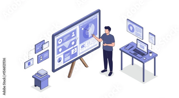 Fototapeta Digital marketing strategy vector illustration in isometric style for business design and print