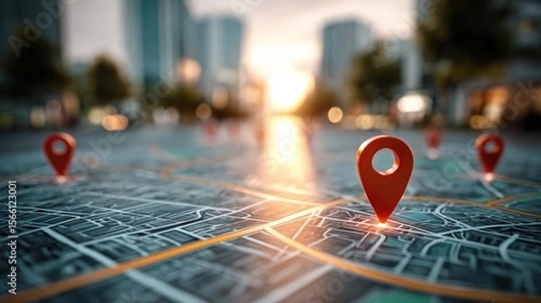 Fototapeta A city map with red location pins marking various points, symbolizing navigation and geolocation in an urban setting during sunset.