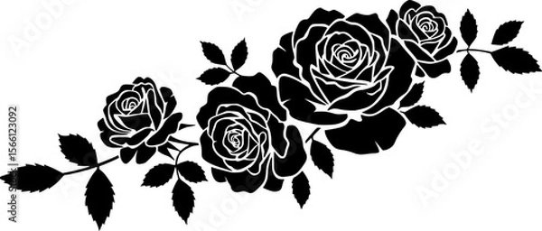 Fototapeta black silhouette of roses and leaves isolated on white background, vector illustration