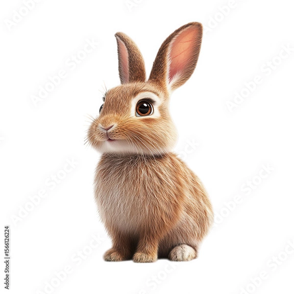 Fototapeta Adorable fluffy brown bunny rabbit with large expressive eyes sitting attentively on a transparent background isolated on transparent background