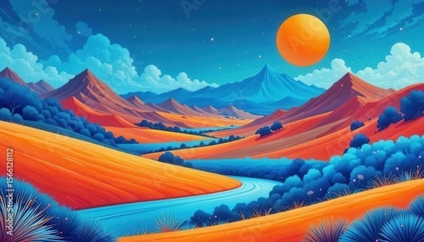 Obraz Vibrant landscape with sunset over mountains and river for computer backgrounds