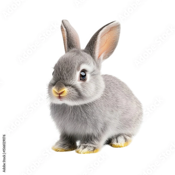 Fototapeta Adorable fluffy grey baby rabbit with big ears and bright eyes sitting on a transparent background isolated on transparent background