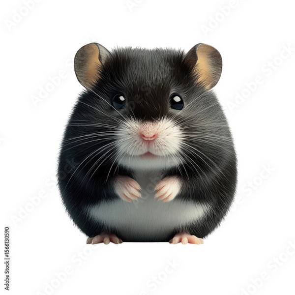 Fototapeta Adorable fluffy black and white hamster with large eyes and delicate paws isolated on transparent background