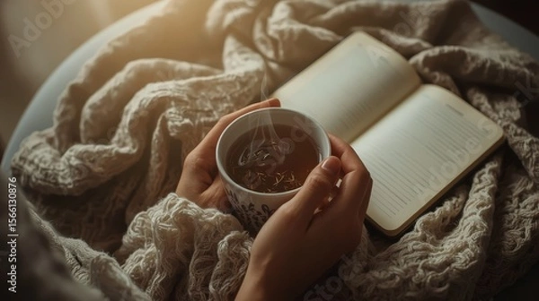 Fototapeta Cozy Hygge Moment: Hands Holding Steaming Tea with Open Book and Knitted Blanket