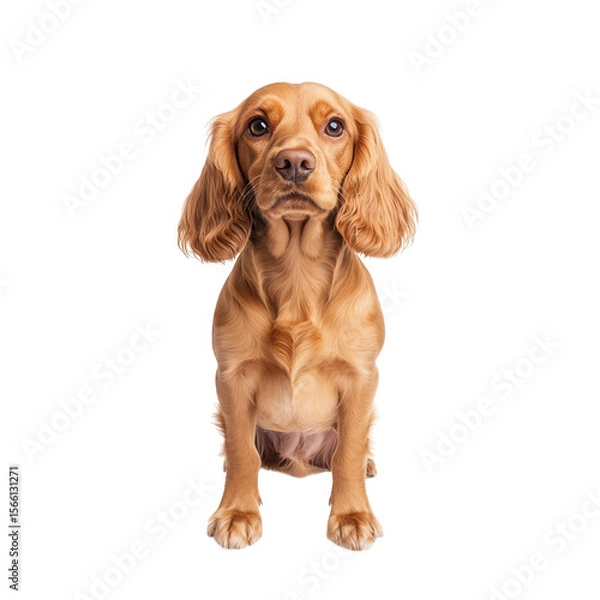 Fototapeta Adorable golden cocker spaniel puppy sitting and looking directly at the camera with soft eyes isolated on transparent background