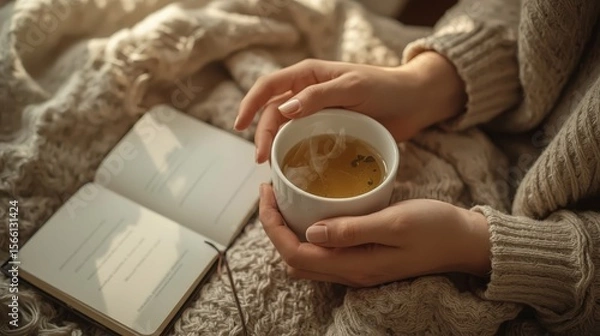 Fototapeta Cozy Hygge Moment: Hands Holding Steaming Tea with Open Book and Knitted Blanket