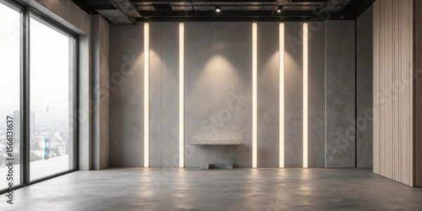 Fototapeta Raw Concrete Interior with Ambient Spot Lighting for Product Shoots - Cool-toned concrete floors and walls, suspended warm LED strips,