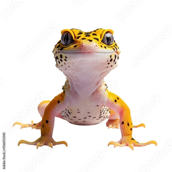 Fototapeta Close up front view of a cute yellow leopard gecko with black spots and large eyes on a transparent background isolated on transparent background