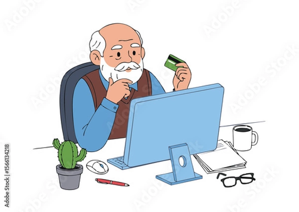 Fototapeta Elderly Man Holding Credit Card While Using Computer Thinking.