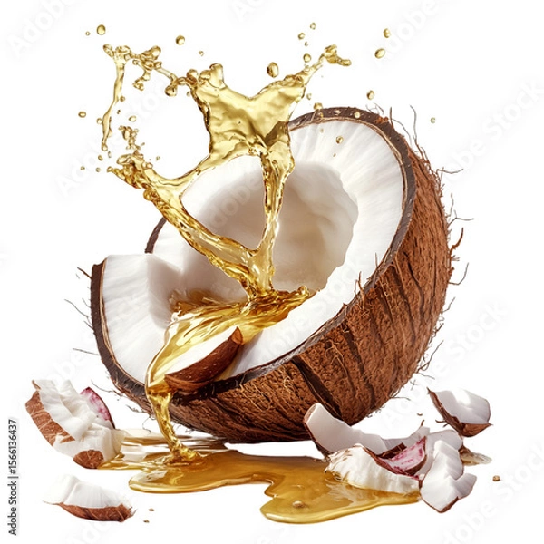 Fototapeta Golden coconut oil splashing from a cracked coconut, presenting a tropical ingredient with a transparent background.