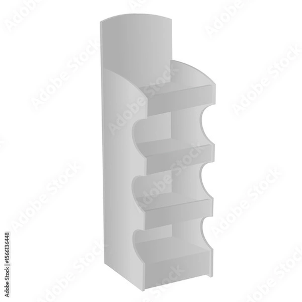 Obraz Blank white display shelf set. Realistic 3D exhibition stand to showcase products. Promotional mockup for retail merchandising design