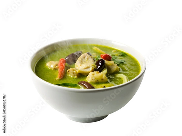 Fototapeta Thai chicken green curry displayed on a plain white surface