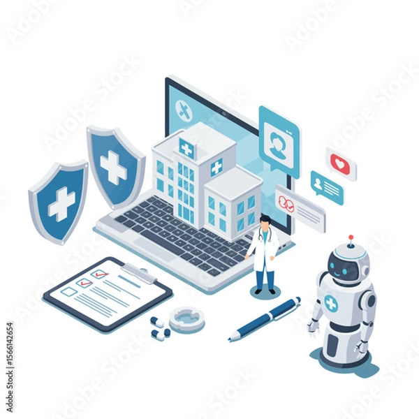 Fototapeta Medical Technology Healthcare Concept Illustration with Doctor and Robot