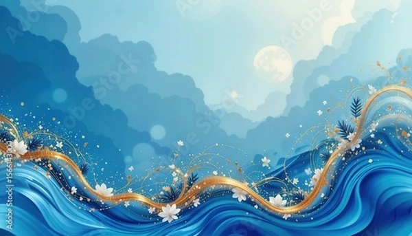 Obraz Beautiful digital wallpaper featuring waves, flowers, and a serene blue sky