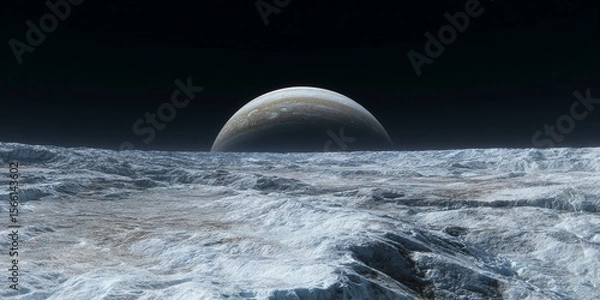 Fototapeta view of jupiter from the surface of ice covered moon Europa Generated image