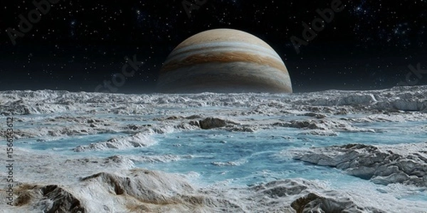 Fototapeta view of jupiter from the surface of ice covered moon Europa Generated image