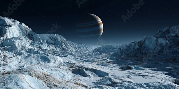 Fototapeta view of jupiter from the surface of ice covered moon Europa Generated image