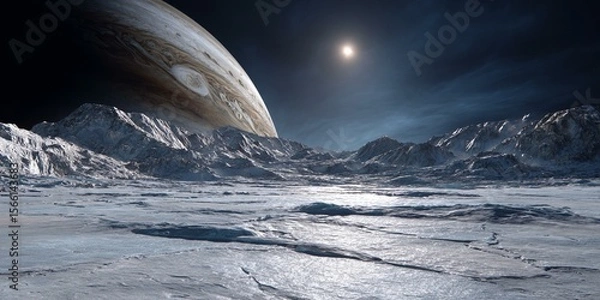 Fototapeta view of jupiter from the surface of ice covered moon Europa Generated image
