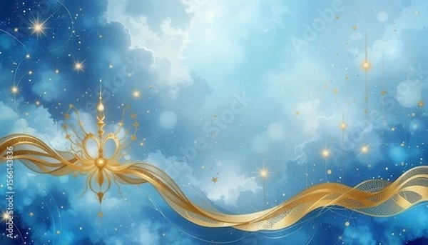 Obraz Elegant blue abstract background with golden accents and flowing ribbon design for screens